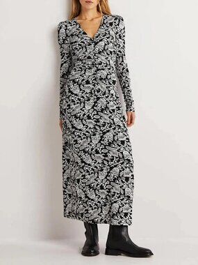 Boden stretch jersey ruched maxi dress black white Scandi floral bodycon US 6R